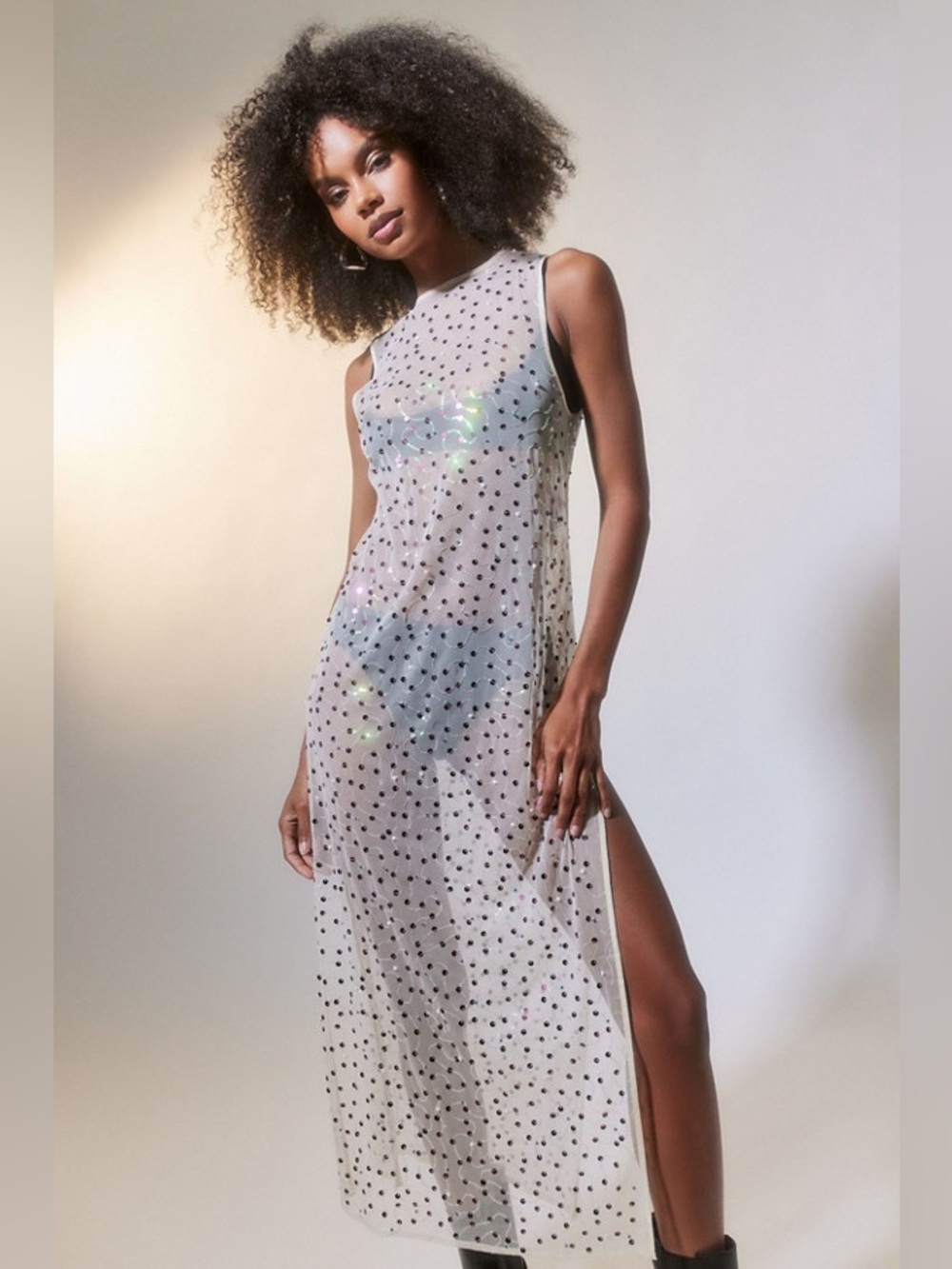NWT Urban Outfitters Hunter Sheer Sequin Midi Dress in Sand Sable Size XS